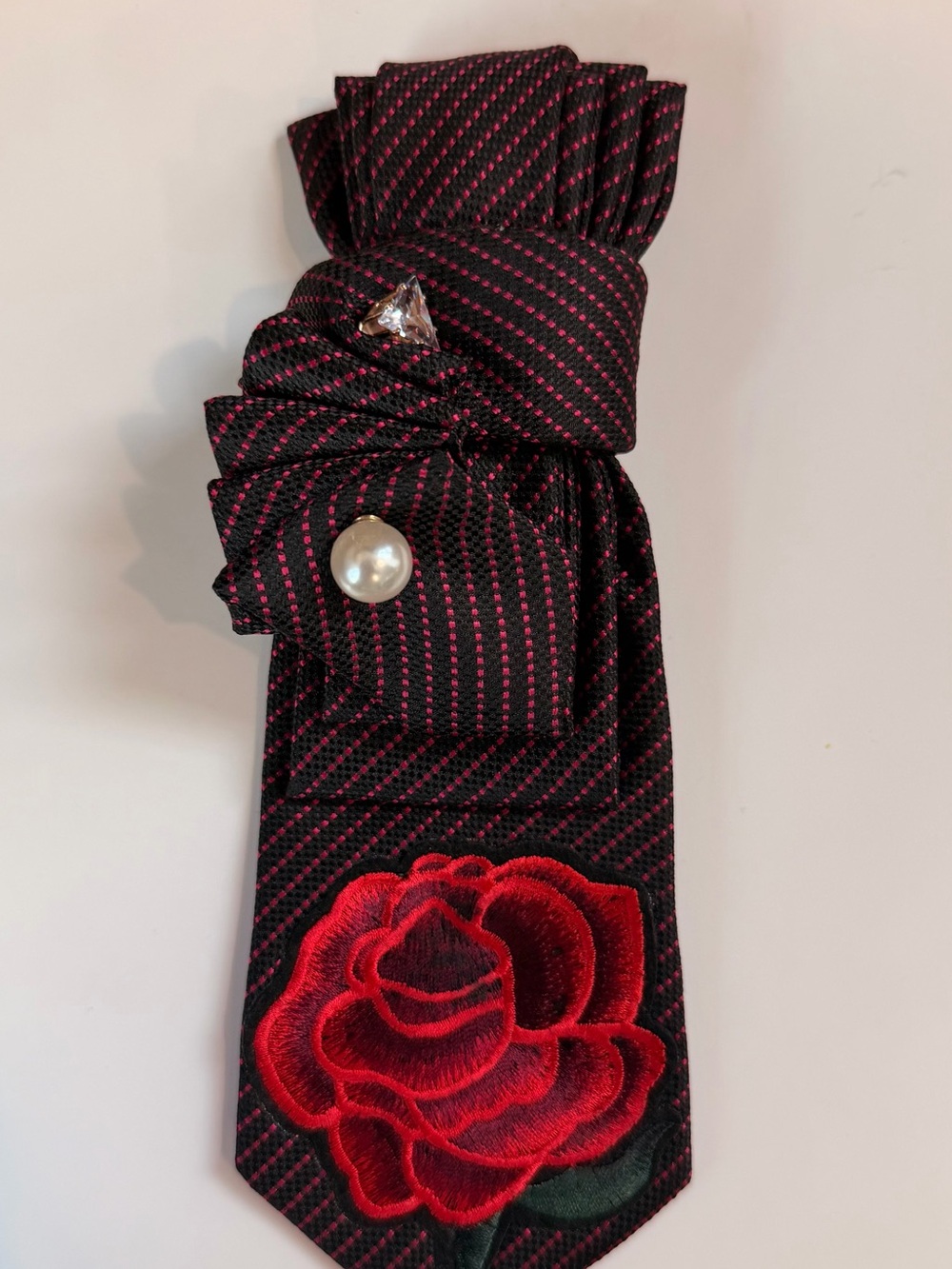 Women’s Black & Red Rose-Embroidered Junk Tie with Accents